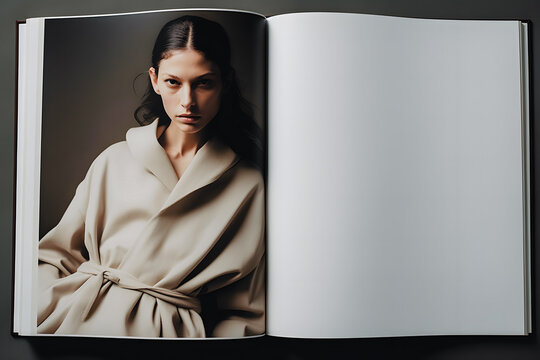 Magazine ouvert avec une photo de mode et un page blanche pour texte