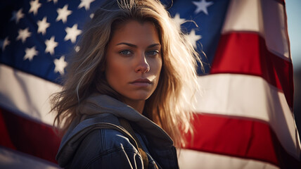 Fototapeta na wymiar A woman with blond hair and blue eyes in a denim jacket stands in front of an American flag
