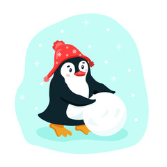 Funny flat penguin in red hat rolls snowball on winter snowy background. Vector cartoon illustration with character making snowman. Square image of cute sports smiling animal for banner or template