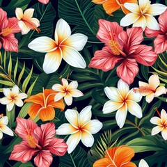Vibrant Tropical Flower Pattern with Lush Greenery.