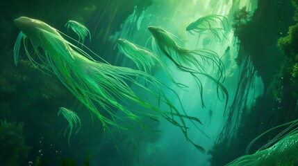 Fototapeta na wymiar Surreal Aquatic Beings Gliding through an Ethereal Underwater Forest.