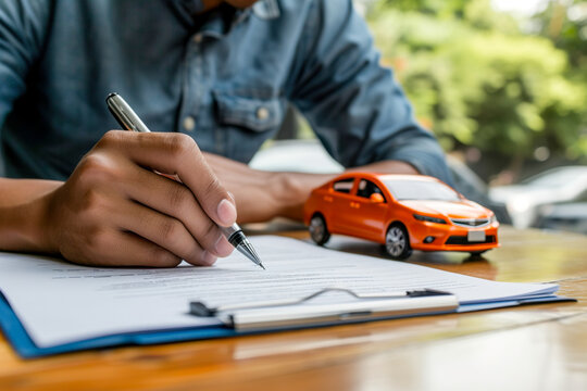 Man signing car insurance document or lease paper. Person buying or selling new or used car