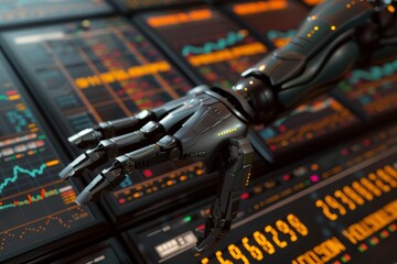 Naklejka premium Showcase a futuristic scene where robot hands replace humans on a stock board executing trades with lightning speed