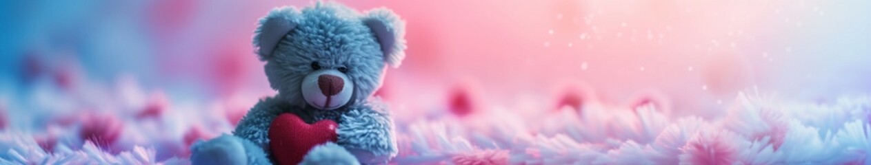 teddy bear holding a heart, set against a backdrop of soft pastels, evoking a sense of comfort and love in a visually charming and delightful scene - obrazy, fototapety, plakaty