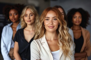 Obraz premium A group of diverse women show off their unique styles and strong bond as they pose together in front of a wall, radiating joy and confidence with their layered hair and fashion-forward clothing choic