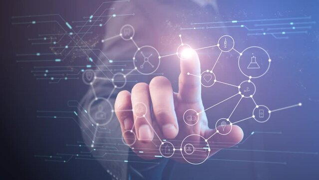 Cg footage on a medical theme. Against the background of a male hand touching a light point with finger, a map of the world and electrons are moving and is a network of circles with medical symbols