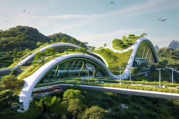 Futuristic Eco Transport Hub Integrated in Natural Landscape.