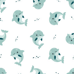 Seamless vector pattern on white background. Cute blue dolphins and water bubbles . Vector illustration
