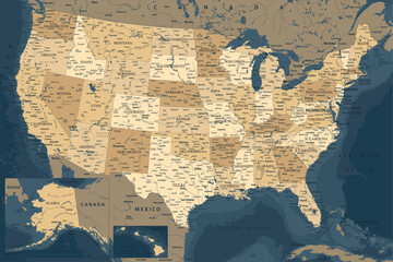 United States - Highly Detailed Vector Map of the USA. Ideally for the Print Posters. Dark Blue Golden Beige Retro Style - obrazy, fototapety, plakaty