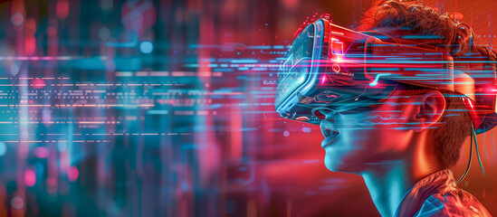 Banner of speechless person wearing a VR headset gear exploring the digital world of metaverse 