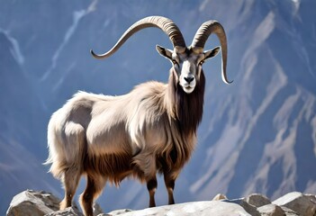 Markhor, Capra falconer, wild goat native to Central Asia, Karakoram and the Himalayas standing on rock on blue sky background