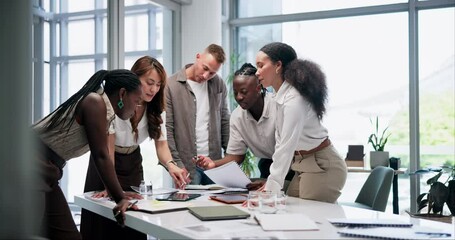 Meeting, tablet and team of business people in office boardroom working on project together. Collaboration, digital technology and professional designers in discussion brainstorming at workplace. - Powered by Adobe