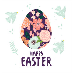 Happy Easter cartoon greeting card with decorated egg,birds and hand lettering.Spring background with cute animal and floral composition.Print on fabric and paper.Hand drawn illustration on white.