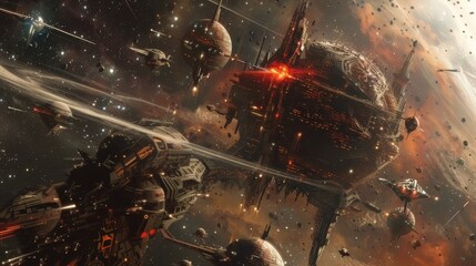 Interstellar War Scene with Battleships in Space
