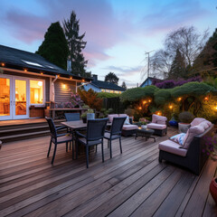 Home with furniture patio / wooden deck at twilight.