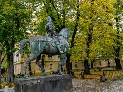Czapski Palace and statue of horse rider in Warsaw, Poland as in October 2023.