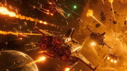 Epic interstellar war unfolds as battleships clash in a mesmerizing scene in space
