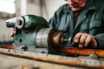 A skilled technician in work attire precisely measures a metal bolt using a ruler on an indoor machine, showcasing the precision and expertise of metalworking and engineering