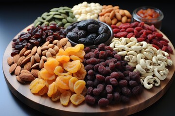 A photo of Mix Dry fruits in tray on wooden table Generative AI - obrazy, fototapety, plakaty