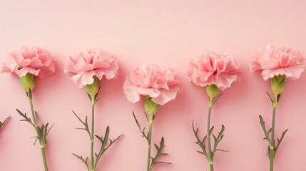 Naklejka na ściany i meble row of pink delicate carnations on a pastel pink background