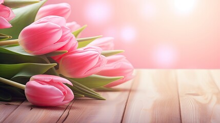 Beautiful tulip bouquet on a wooden table against a pink bokeh background, perfect for love celebrations.