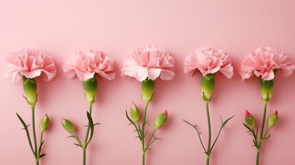 row of pink delicate carnations on a pastel pink background