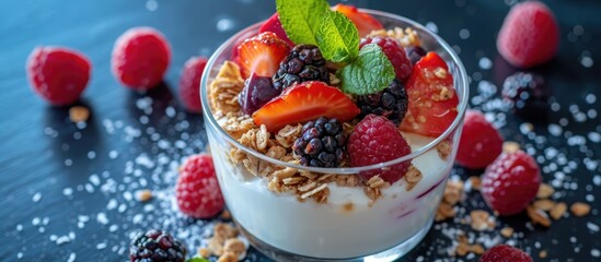 Nutritious fruit and granola dessert with yoghurt.