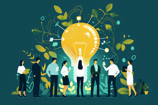 Business people meeting to discuss new innovative ideas using a lightbulb concept for collaboration  and teamwork in the office workplace, stock illustration image 