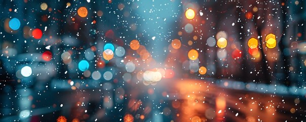 Snowfall at night in the city animated with an artistic anime touch. Concept Anime-inspired Snowfall, Cityscape at Night, Artistic Animation, Winter Wonderland, Magical Atmosphere - obrazy, fototapety, plakaty