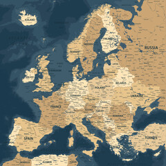 Europe - Highly Detailed Vector Map of the Europe. Ideally for the Print Posters. Dark Blue Golden Beige Retro Style - 736453505