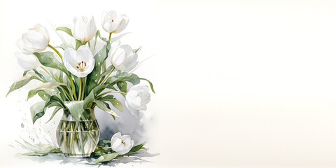 White watercolor tulips in a glass vase on a white background. Copy space.