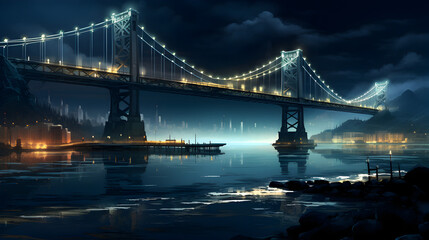 Luminous Reflections Nighttime Glow of a Famous Bridge,,
2d anime style city environment bridge on lake at long distance view another bridge
