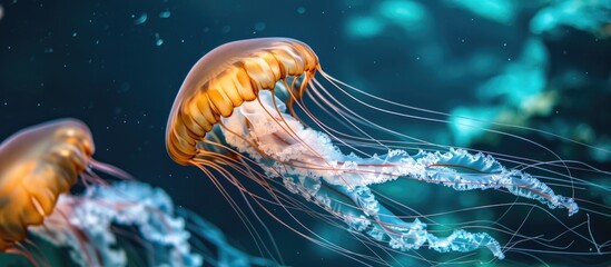 Increased jellyfish population caused by global warming and overfishing leads to more brown, transparent and large jellyfish moving smoothly in the water. - Powered by Adobe