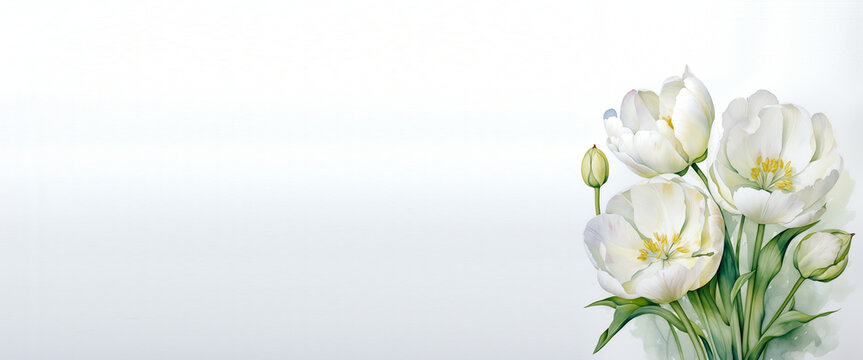 Watercolor bouquet of white tulips on a white background. Copy space.