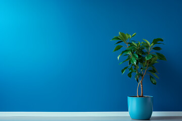Mock up minimalist home interior with empty blue wall and potted house plant
