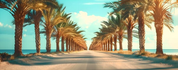 Exploring America's adventurous roadways, palm trees grace the scenery. Concept Roadtrip Vibes, Palm-lined Highways, American Adventure, Scenic Landscapes, Tropical Roadways