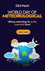 World meteorological Day. 23 March, World meteorological day celebration story banner in dark colour with earth globe and different weather forecast icons around it. Icons of sunny, cloudy, rainy. - obrazy, fototapety, plakaty