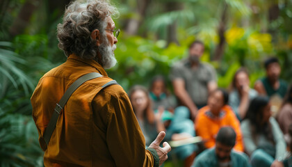 A person is educating others about environmental conservation, such as giving a talk or leading a workshop.