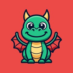 Fototapeta premium Minimalist Cute Dragon Logo Template on Vibrant Red Background, cute dragon cartoon logo vector icon illustration, Creative and Whimsical Mythical Creature Design for Branding and Graphic Projects