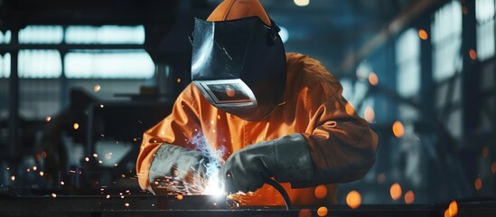Man worker or welder in protective mask welding with spark in a steel factory. AI generated image - obrazy, fototapety, plakaty