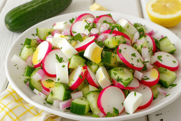 fresh salad with boiled egg, radish and cucumber on white wooden table