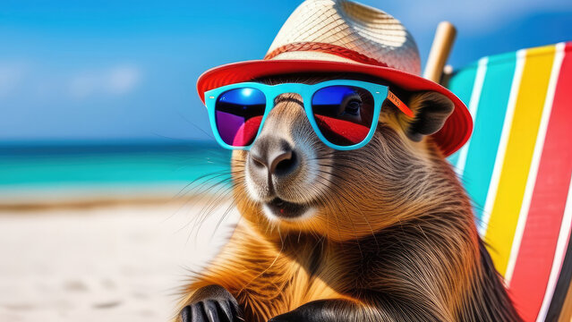 Capybara in sunglasses, a straw hat, sitting on a beach chair, blue sky, white oceanic sand, light blurred background, selective focus