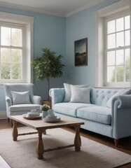 Modern interior with sofa, furniture, wooden coffee tables, tropical plants and elegant personal accessories in a stylish home decor. A bright living room.