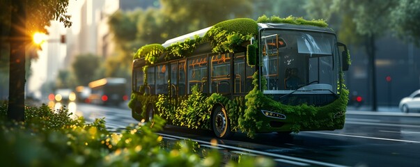 A futuristic citys ecofriendly bus showcases the concept of green urban transportation. Concept Green Urban Transportation, Futuristic City, Eco-Friendly Bus, Sustainable Mobility - obrazy, fototapety, plakaty
