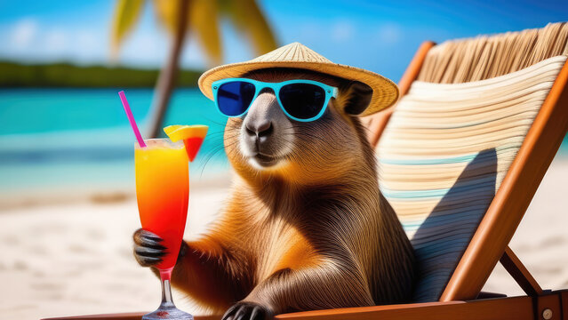 Capybara in sunglasses, a straw hat, sitting on a beach chair, holding a colored cocktail in her paw, blue sky, white oceanic sand, light blurred background, selective focus