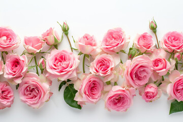 Blush pink roses on white background. Various creamy pink roses flowers and buds layout in center of white background. Top view, flat lay