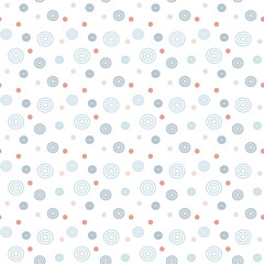 Abstract geometric shapes seamless pattern. Blue and pink circles and dots. Cute polka dot background. For wallpaper design, cover, print on fabric