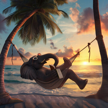 A cozy sunset scene on a secluded beach where an elephant wearing reading glasses relaxes in a hammock strung between two palm trees a book in one trunk and a refreshing drink in the other as-Enhanced