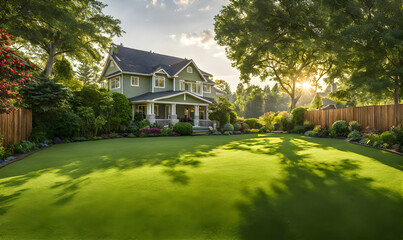 Fototapeta na wymiar Lush backyard with well-trimmed green lawn