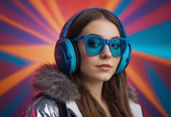 A bright young girl with headphones is listening to music on a multicolored background. Close-up.
